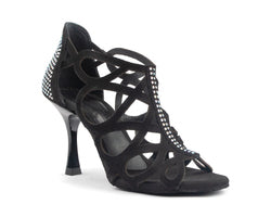 Portdance PD814 Tanzschuhe aus schwarzem Nubukleder mit Cut-out-Design und Steinen an der Ferse und den Riemen.