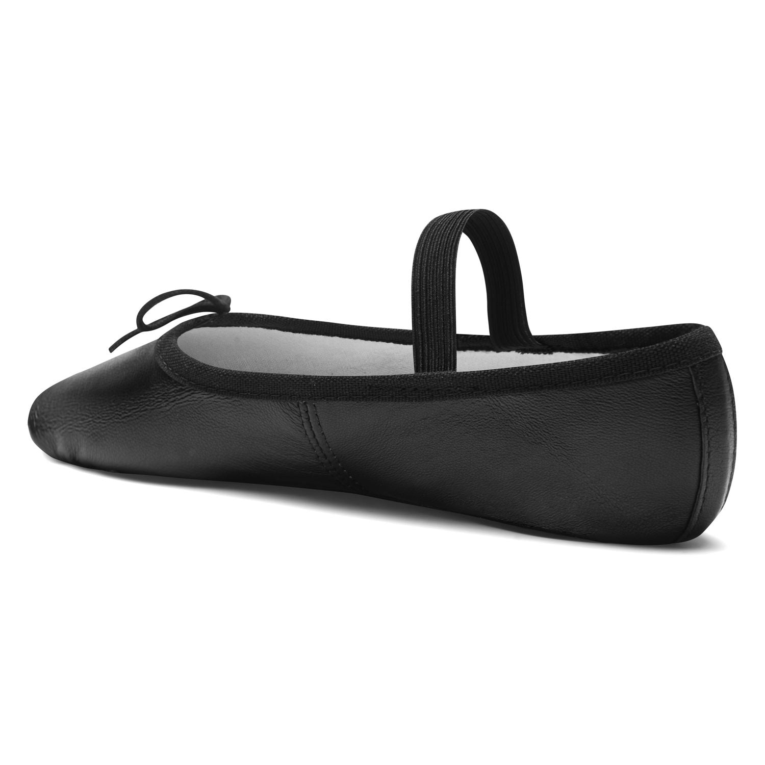 Rumpf 1003 Ballettschläppchen Leder in Schwarz mit Riemen und Schleife, Seitenansicht auf weißem Hintergrund.