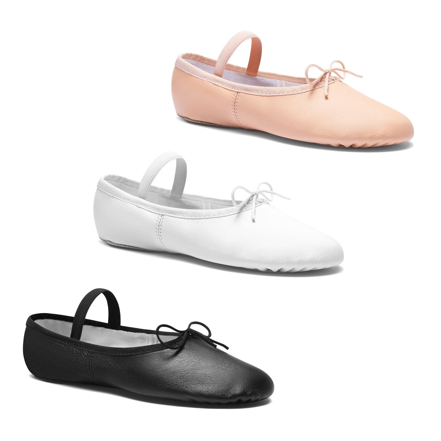 Drei Paar Rumpf-Ballettschuhe aus rosa, weißem und schwarzem Leder, alle mit Gummiband und Schleife.