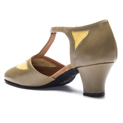 Khaki 9230 Damen-Swingschuhe von Rumpf, T-Riemen, niedriger Absatz, Seitenansicht.