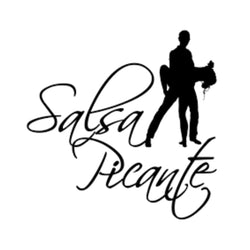 Silhouette eines tanzenden Paares mit „Salsa Picante“ von Tanzkurse in Schreibschrift, was auf Salsa Cubana in Bern hindeutet.