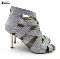 Tanzschuhe S-G11 Shaula von Dancing Queens: Silberglitzer, hoher Absatz, überkreuzte Riemen, Rückseite aus echtem Leder.