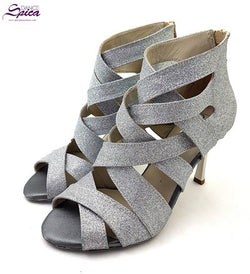 S-G11 Shaula Tanzschuhe von Dancing Queens: Silberner Glitzer, offene Stilettos mit überkreuzten Riemen für Gesellschaftstänzer.