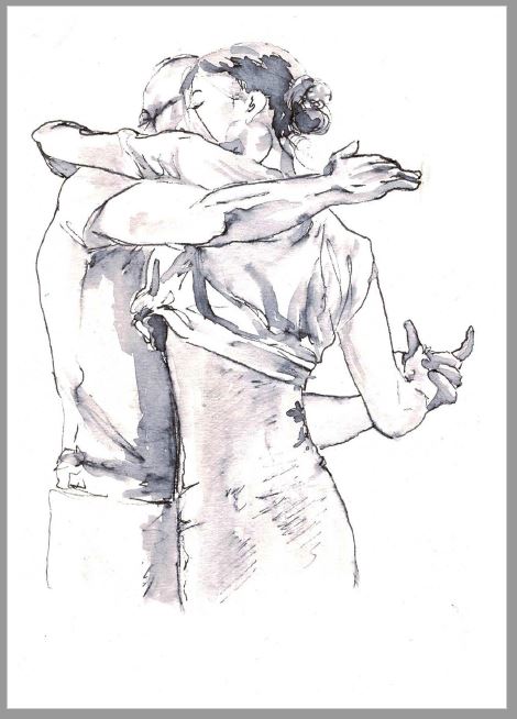 A6-Karte „Tanzen macht glücklich“ von Corina: Umarmendes Paar mit Bleistift und Aquarell, ideal für eine Geburtstagskarte.